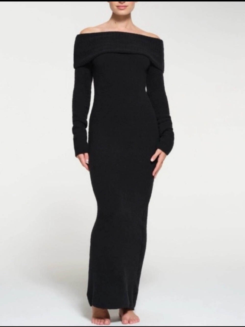 NWT SKIMS SIZE M Cozy Knit Off The Shoulder Super Soft Dress Onyx Black maxi